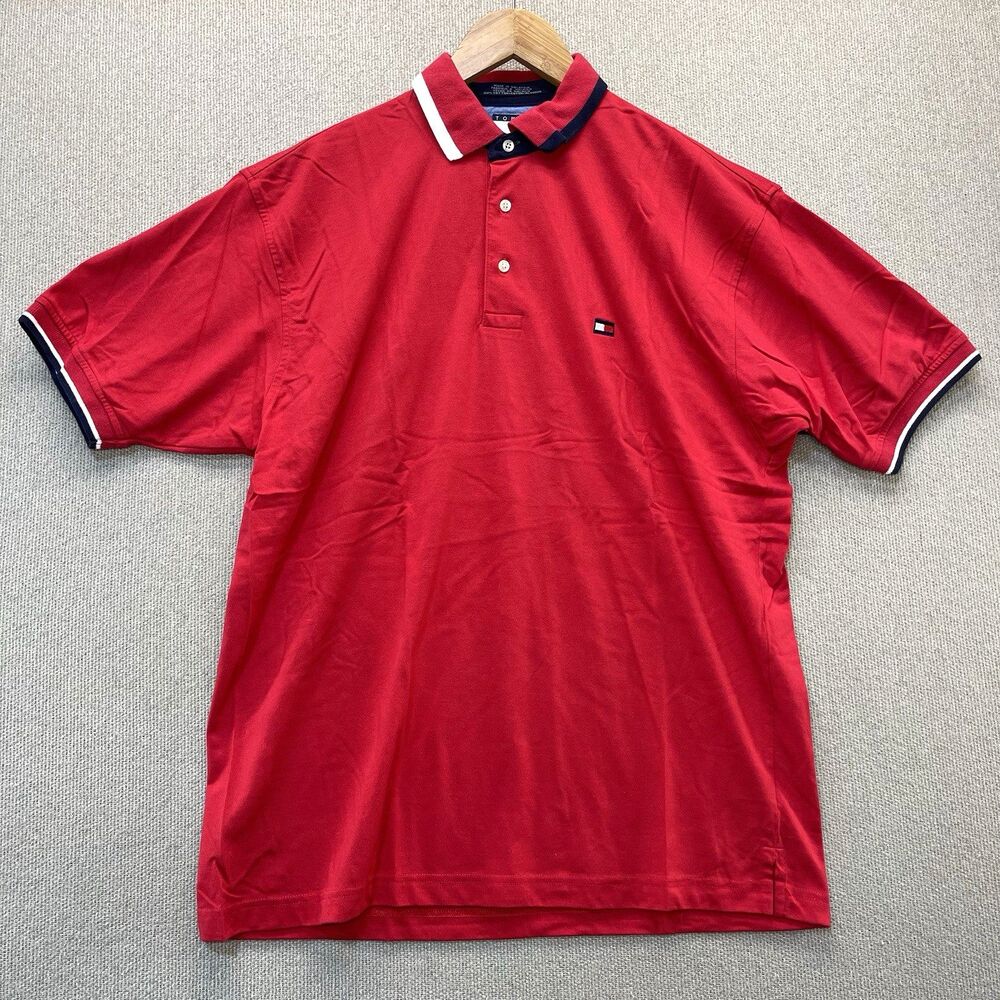 Tommy Hilfiger Red Tipped Polo Shirt Men’s Medium Preppy Flag Collared Casual